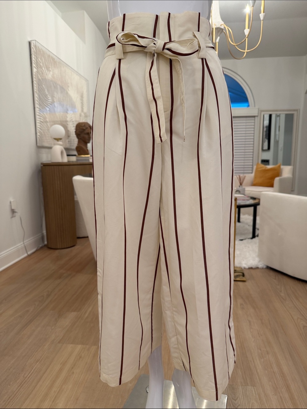 Paperbag High-Waist Cream Wide-Leg Stripe Pants with Tie Belt